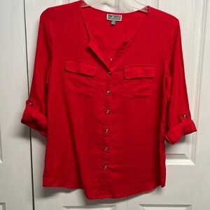 JM Collection Ted Roll Tab Sleeve Pocket Linen Top Size 8